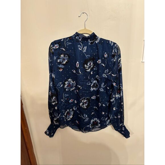 White House Black Market Floral Ruffle Neck Blouse Size 8 Blue Keyhole Long Slee - Picture 7 of 8
